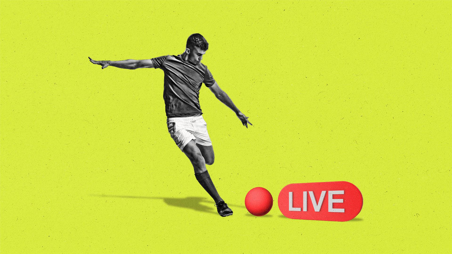A soccer player kicking a ball resembling the dot to a live recording.