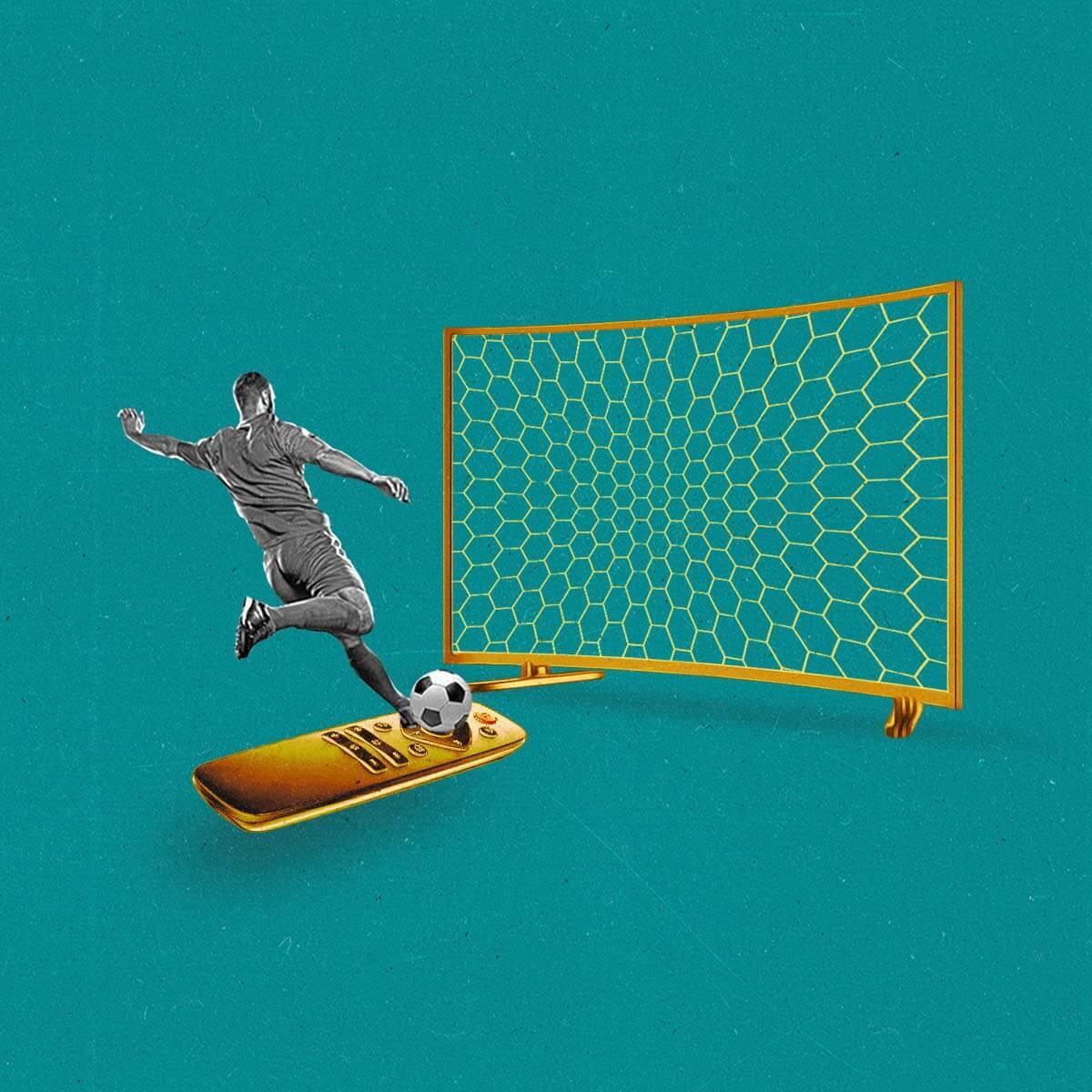 A soccer player kicks a soccer ball on a CTV remote into a net shaped like a television.