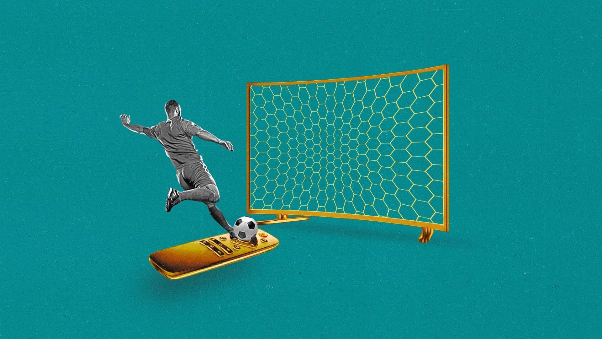 A soccer player kicks a soccer ball on a CTV remote into a net shaped like a television.