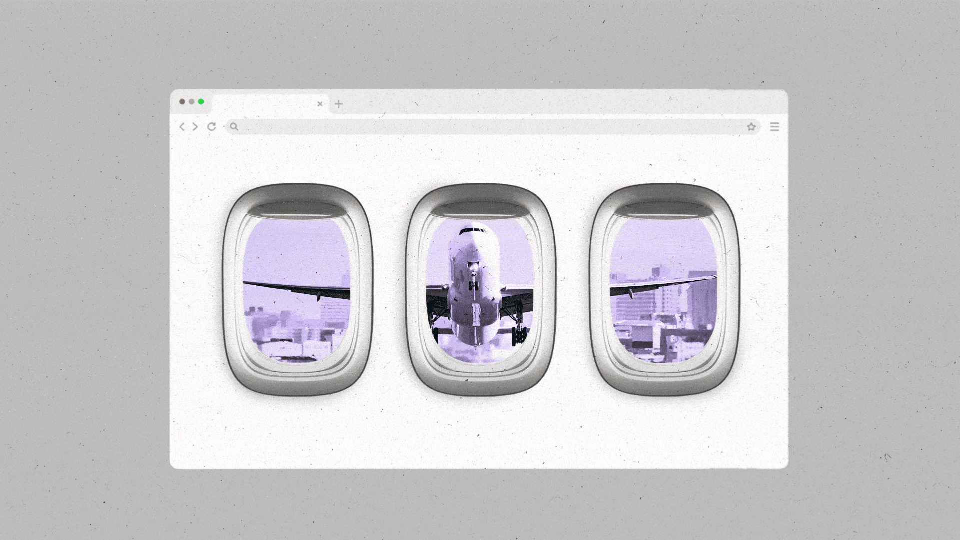 A browser window with 3 airplane windows inside, with a rotating view of different planes seen through them.