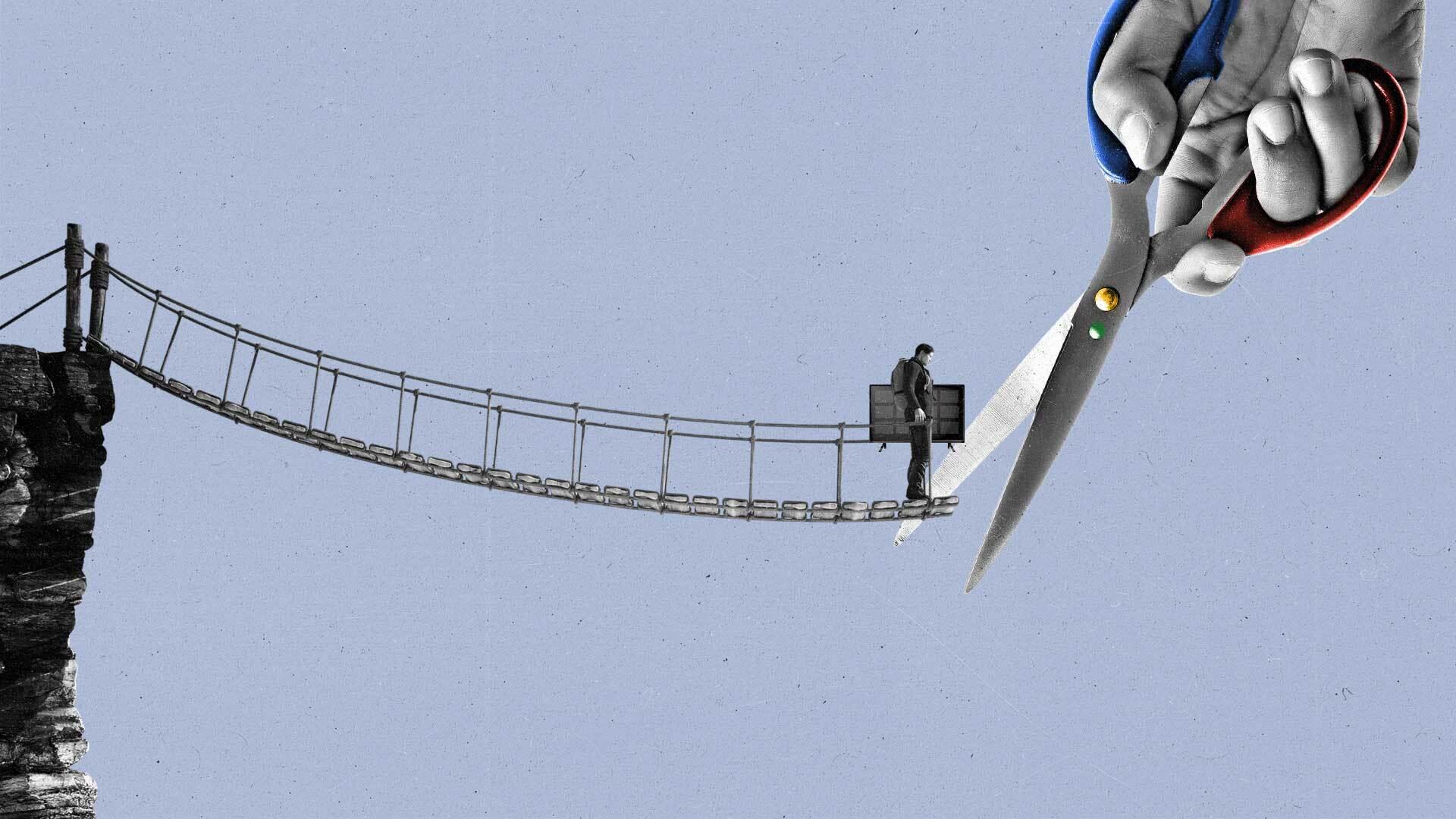 A man holding a connected TV stands on the edge of a floating rope bridge as a scissor hovers in front of him.