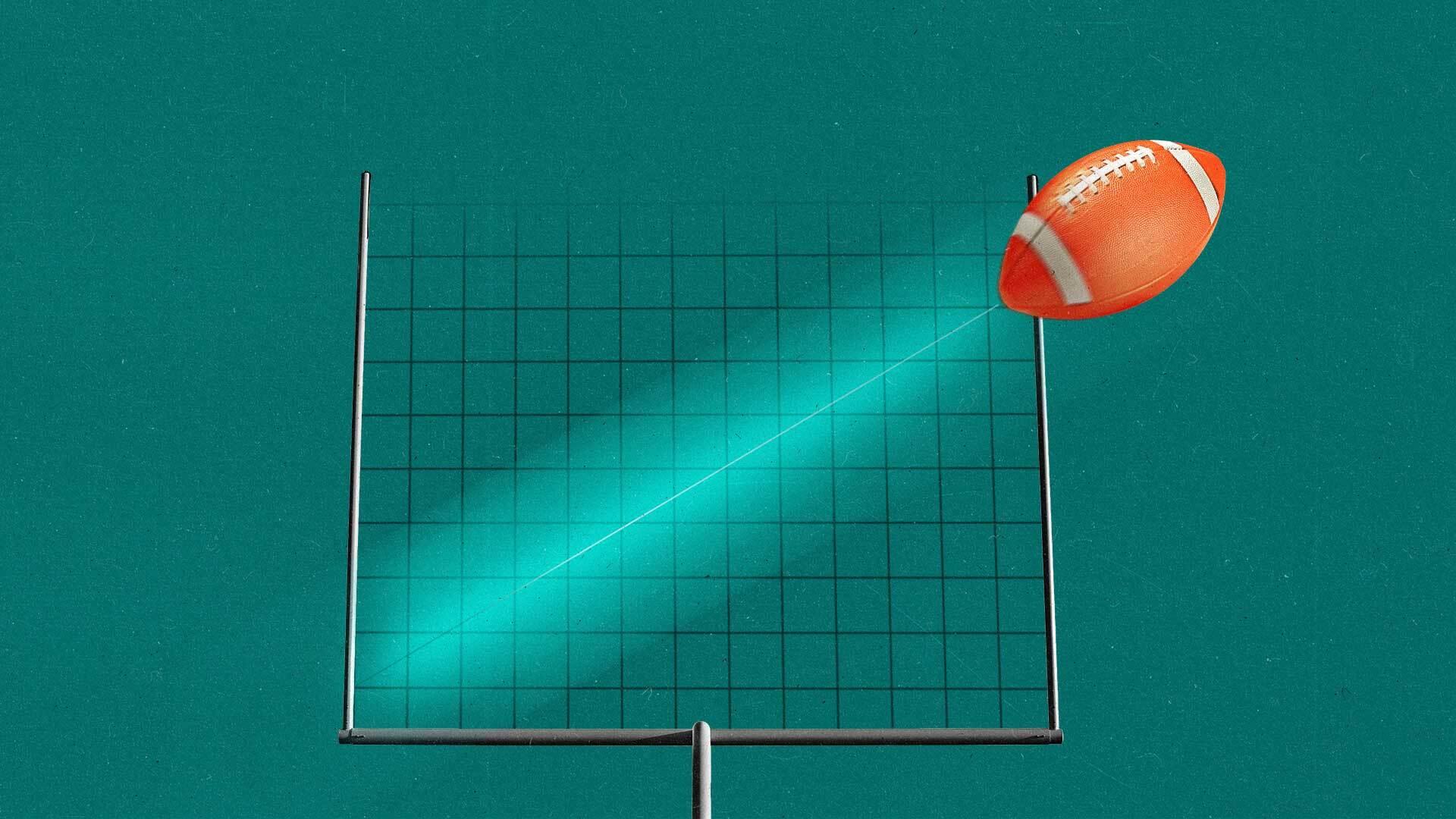 A collage-style illustration showing a line graph framed by a football goal post, and a football moving at an upward trajectory over the graph.