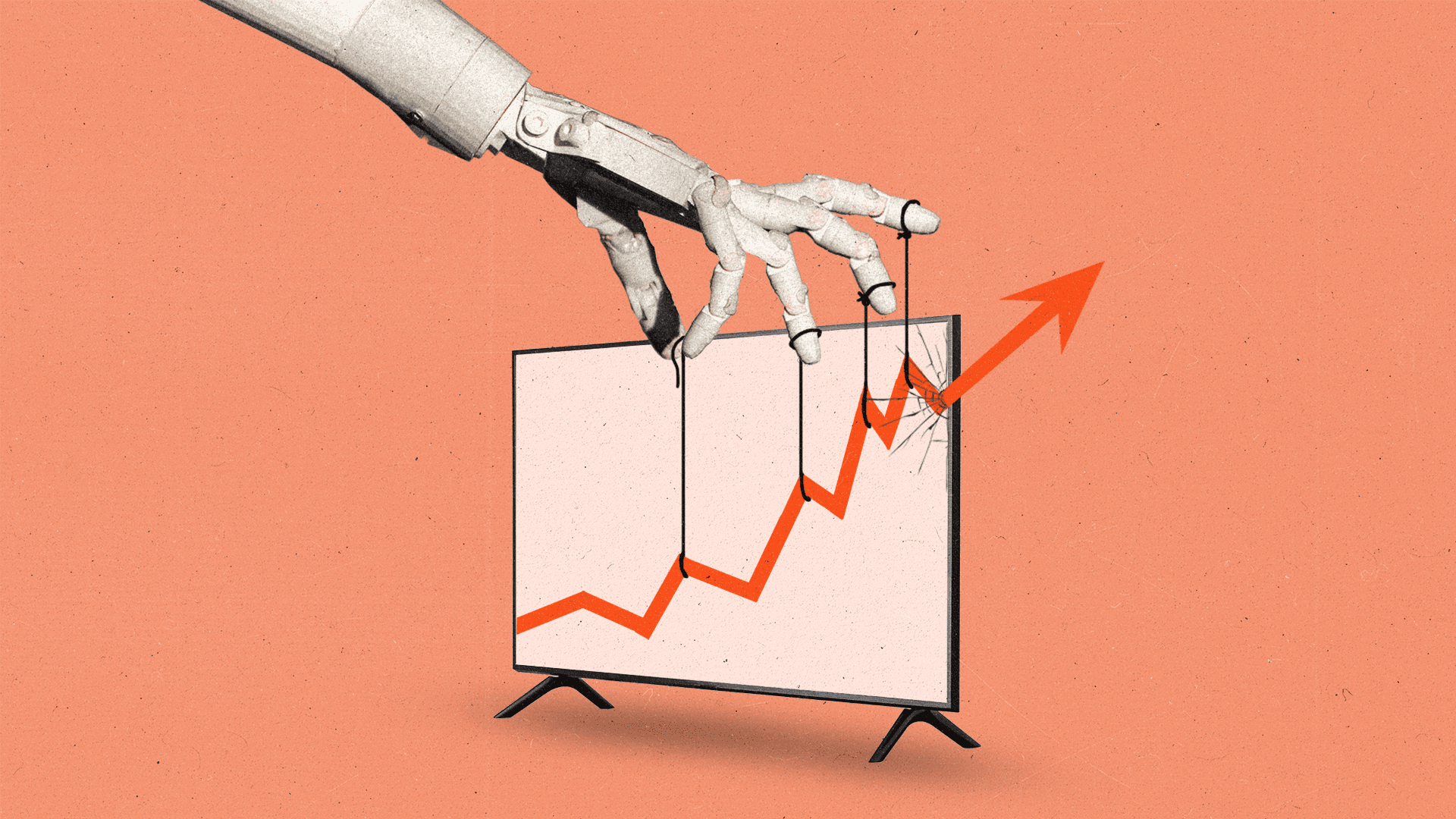 AI robotic hand puppeteers a rising line graph on a TV screen, pulling it upward like a marionette.