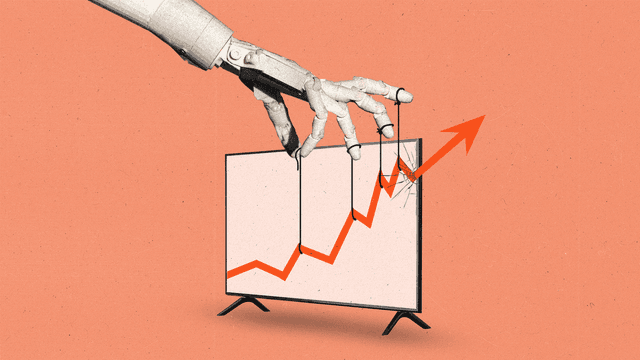 AI robotic hand puppeteers a rising line graph on a TV screen, pulling it upward like a marionette.