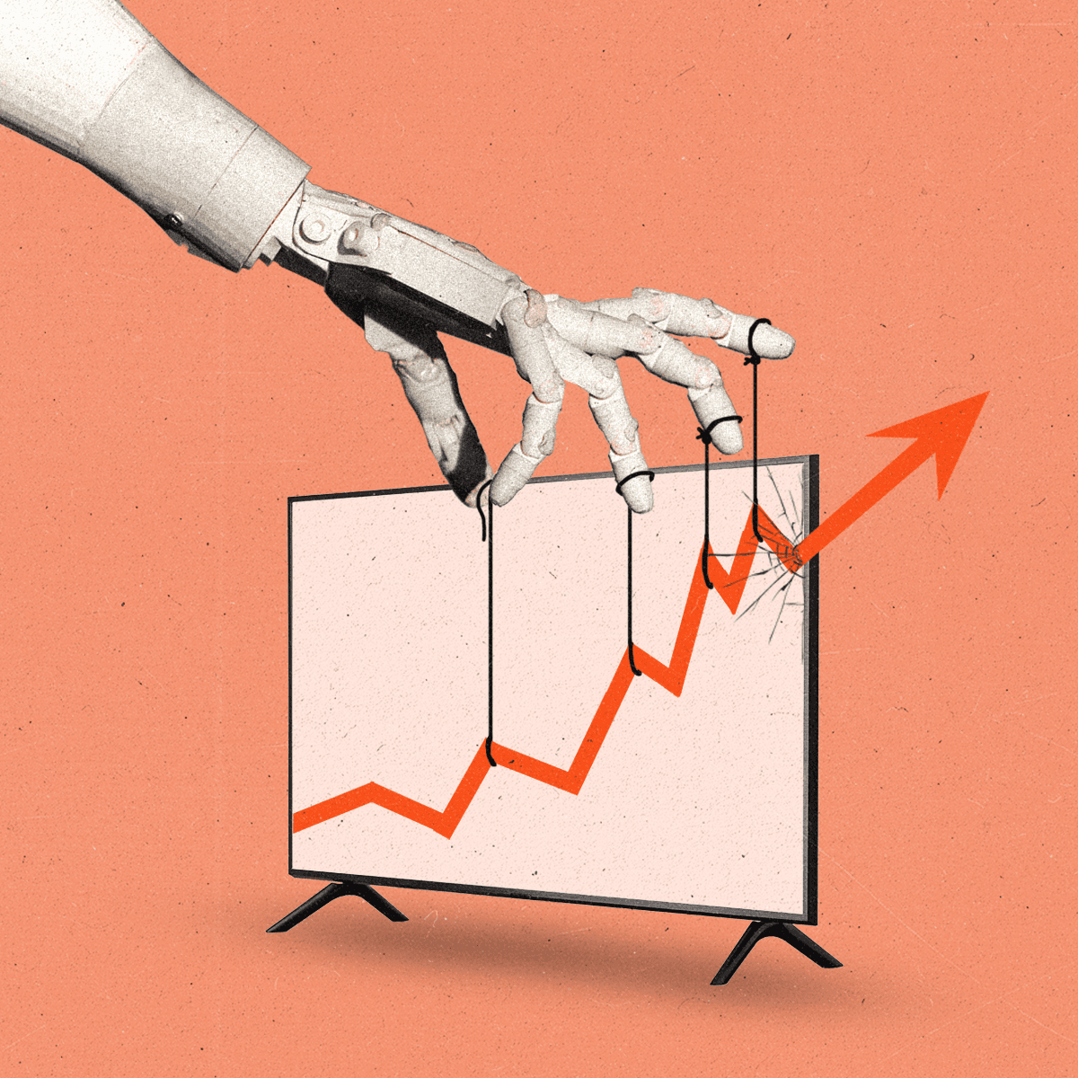 AI robotic hand puppeteers a rising line graph on a TV screen, pulling it upward like a marionette.
