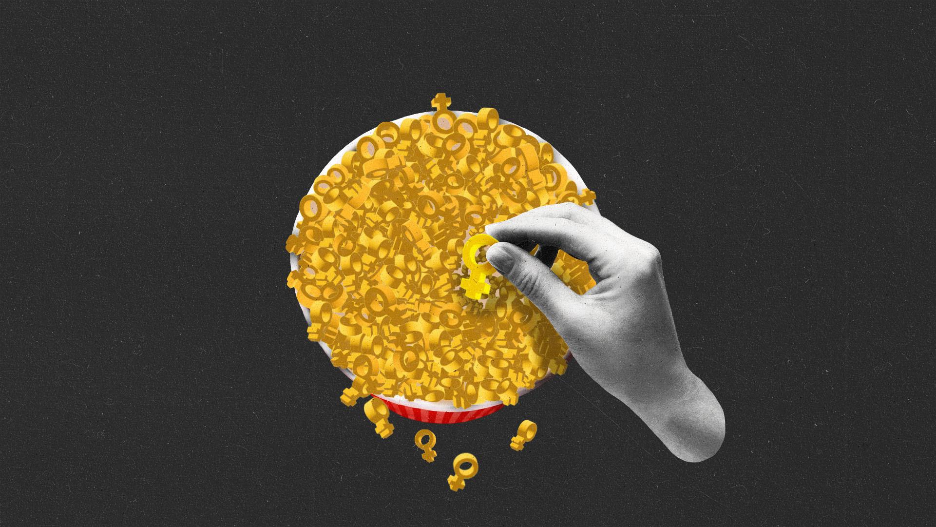 Yellow female symbols fill a popcorn bucket while a hand reaches in to grab one.