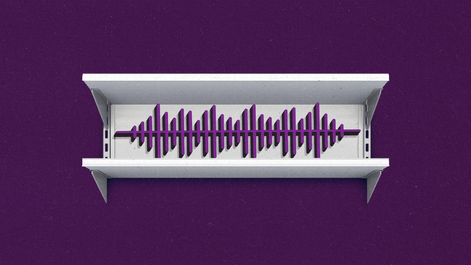 Gray grocery store shelf with a dark purple audio wave symbol on it, with a dark purple background