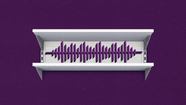 Gray grocery store shelf with a dark purple audio wave symbol on it, with a dark purple background
