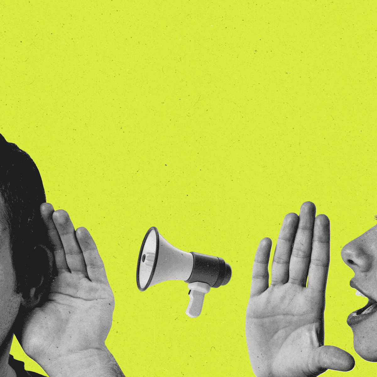 A person whispers in another persons ear with a tv remote screen, megaphone and diamonds flashing in the middle.